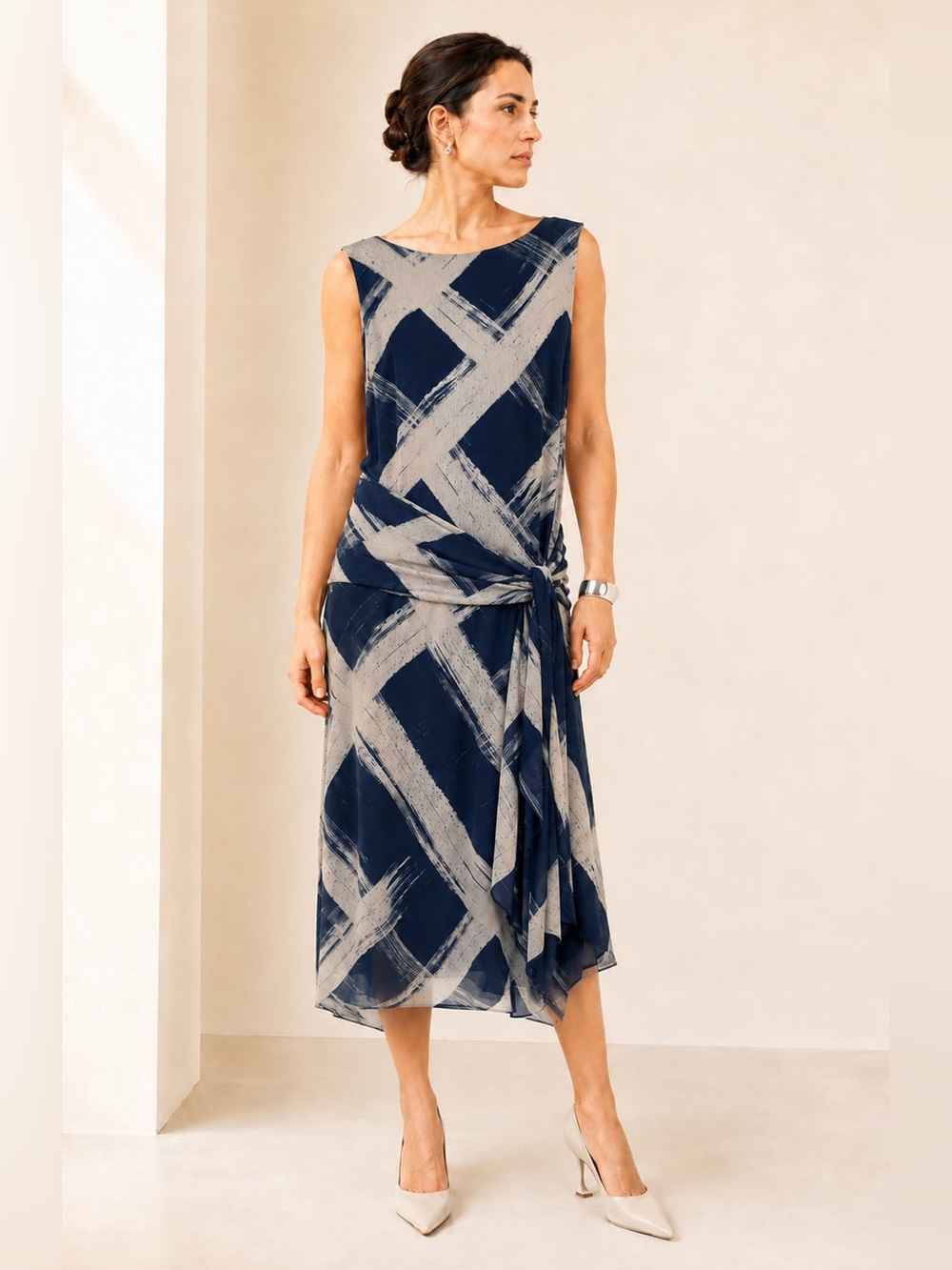 Iris Setlakwe Abstract Navy Tie Front Asymmetric Midi Dress Sz 8
